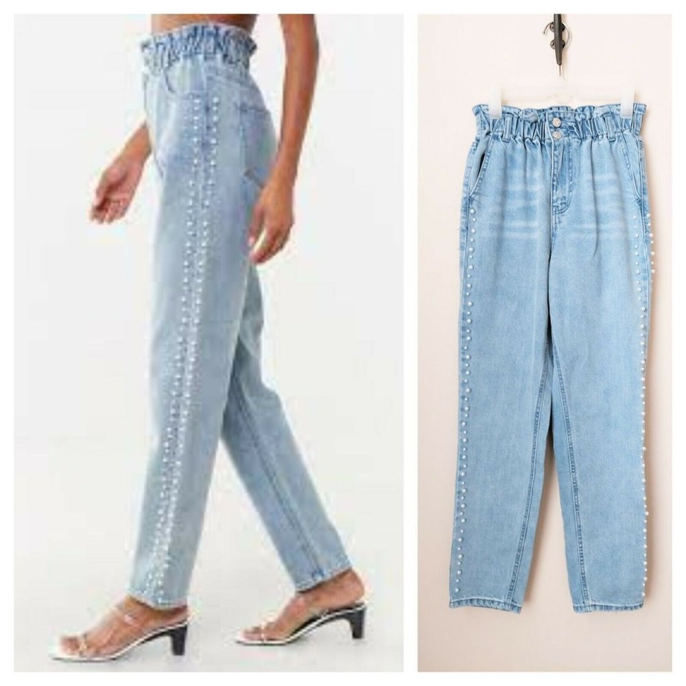 Forever 21 Faux Pearl Paper Bag Jeans- Elastic High Waisted Light Wash